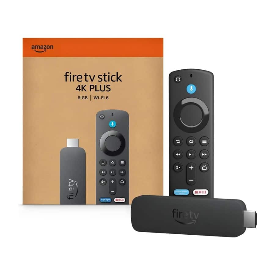 Amazon Fire TV Stick 4K Plus in its box with the Alexa voice remote