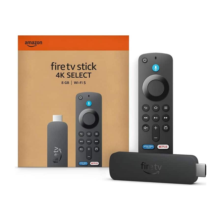 Fire TV Stick 4K Plus vs Select: the 4K Select in its box with the Alexa voice remote