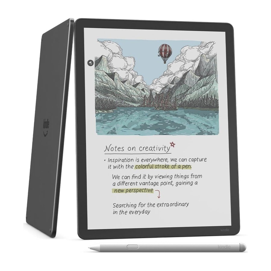 Amazon Kindle Scribe Colorsoft showing a colour sketch of mountains and a balloon