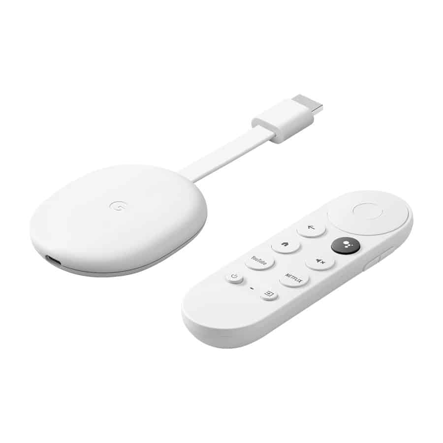 Chromecast with Google TV 4K stick next to its voice remote