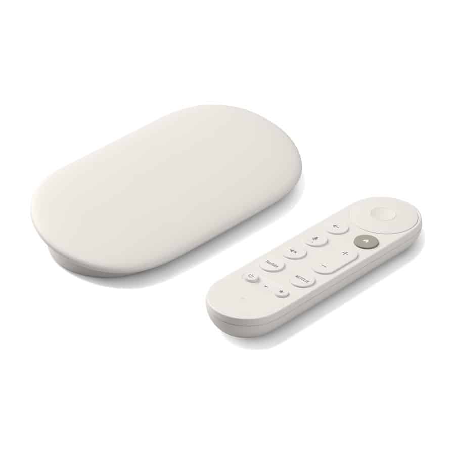 Google TV Streamer in Porcelain with its voice remote