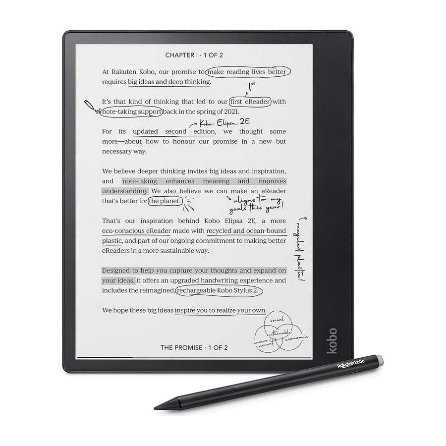 Kobo Elipsa 2E 10.3-inch e-reader with handwritten notes and its stylus