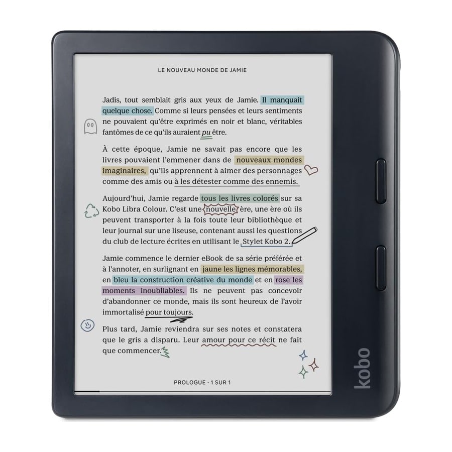 Kobo Libra Colour 7-inch colour e-reader with page-turn buttons and highlighted text