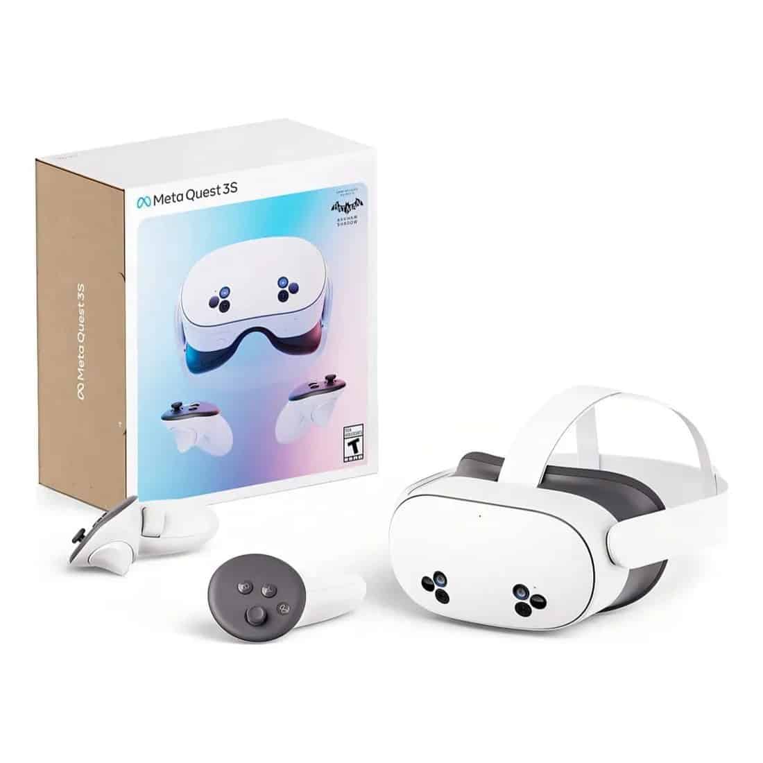 Meta Quest 3S headset and controllers next to the retail box