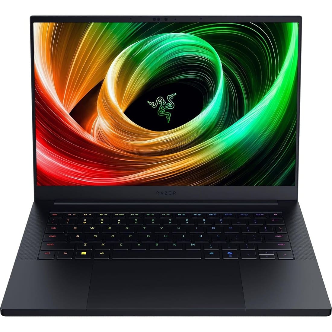 Razer Blade 14 laptop open with a green and orange swirl wallpaper