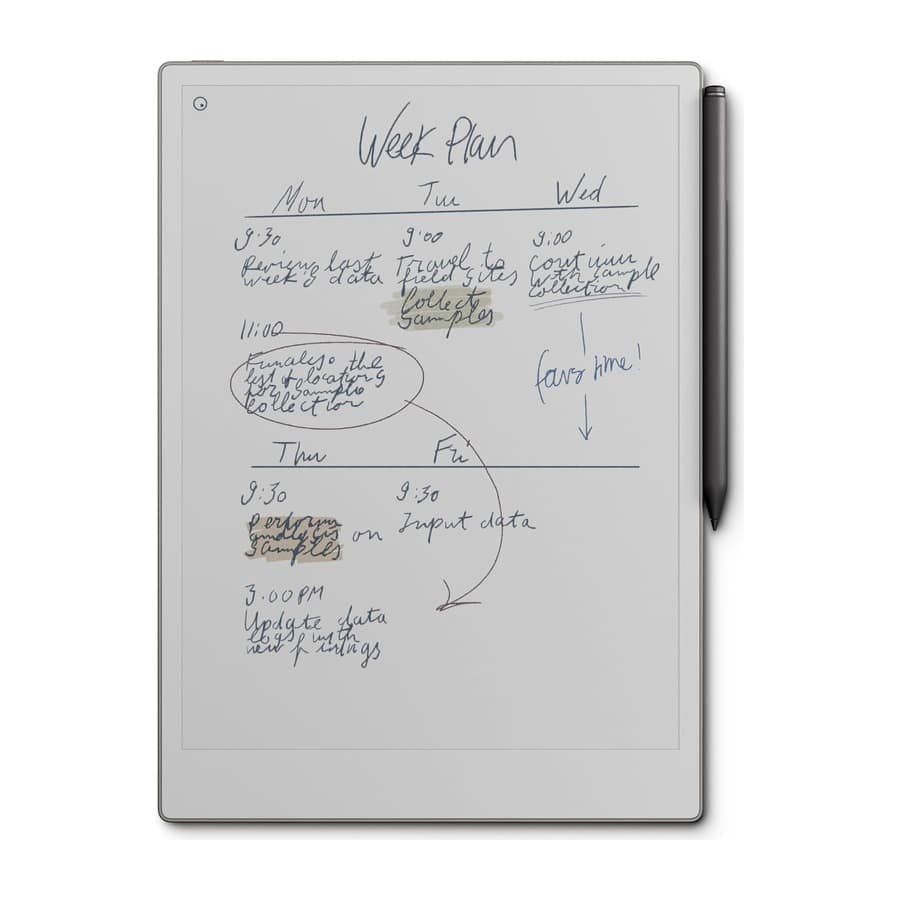 reMarkable Paper Pro with the Marker Plus pen resting on a weekly plan page