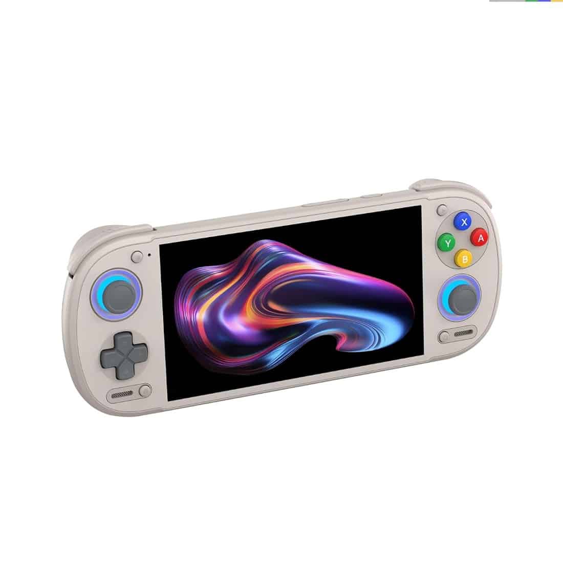 Retroid Pocket 6 handheld in a light colourway with a purple swirl on screen