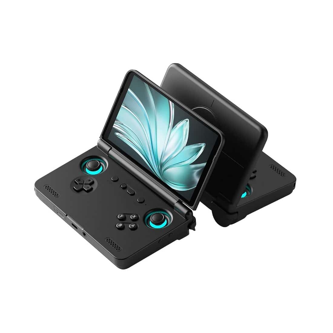 Retroid Pocket Flip 2 clamshell handheld shown open and half-closed
